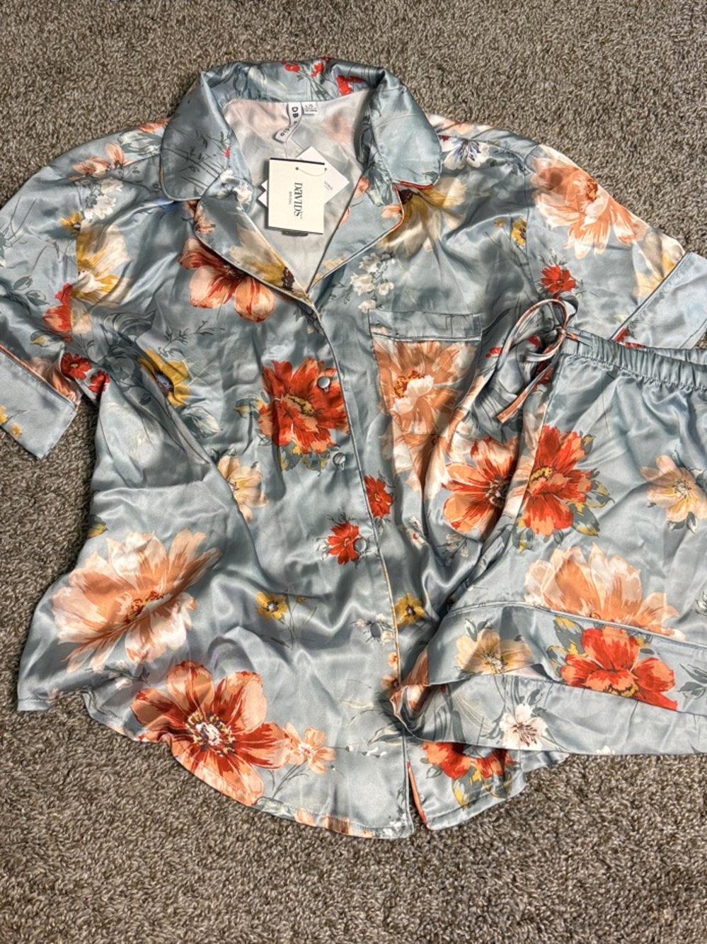 David's Bridal Blue Floral Satin Pajama Set